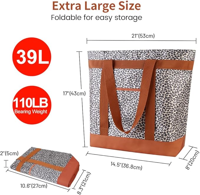 Reusable Grocery Tote Bags, Insulated Cooler Shopping Bag for Women/Men, Pizza/Food Delivery Bags to Keep Food Hot/Cold for Commercial Food Transport, Cooler Bag for Travel/Beach/Picnic, Cow Print