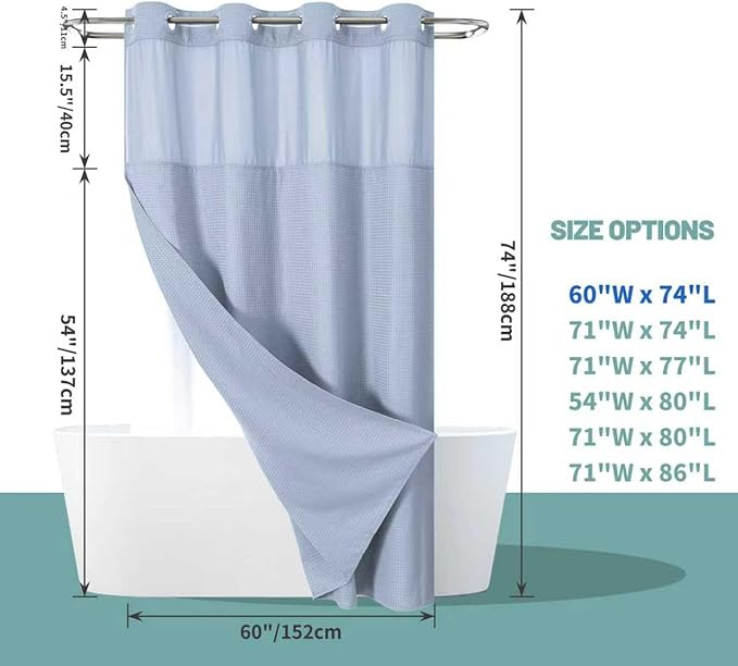 eachope Blue No Hook Waffle Weave Shower Curtain with snap-in Liner Replacement, 230GSM Waterproof Fabric Hotel Shower Curtain Set for Bathroom, Through Mesh Top Window,60Wx74H