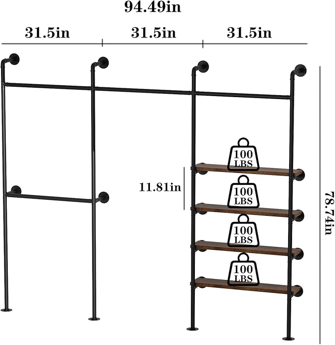 KAILNKISS Industrial Pipe Clothing Rack,Wall Mounted Clothies Rack with Shelves, Heavy Duty Closet Organizers Wardrobe Multi-Purpose Storage Clothes Hanging Shelf-94.5''L Black