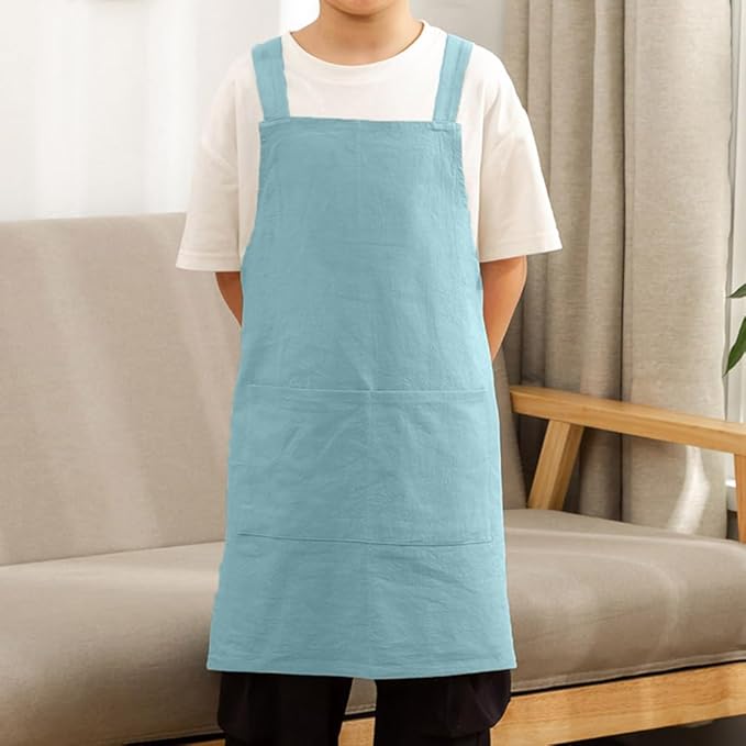 Kids Cotton Cross Back Aprons Children Chef Pure Child Apron with 2 Pockets for Baking Painting Cooking