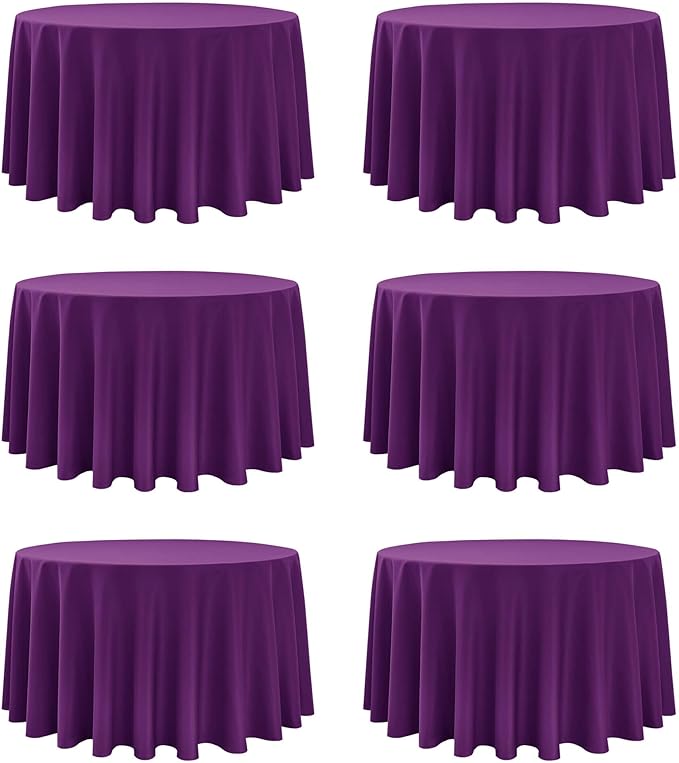 6-Pack Purple Round Tablecloths, 120 Inches, Stain-Resistant Polyester for 5-6 Ft Round Tables - Washable Table Covers for Weddings, Banquets, Birthday Parties, Events