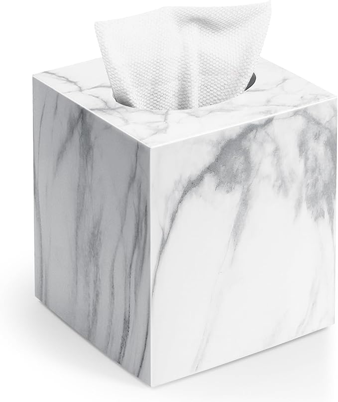 Square Tissue Box Cover, Marble Modern Facial Paper Holder, Cube Acrylic Tissue Holder Accessories for Bathroom Vanity Countertop, Bedroom Dresser, Night Stand, Desk, Office