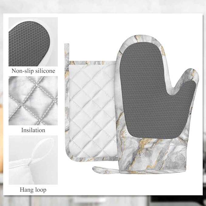 Mxocom White Marble Oven Mitt and Pot Holder with Silicone Fashion Marbling Granite Stone Gold Black Gray Heat Resistant Kitchen for Cooking BBQ Baking Grilling Spring/Summer