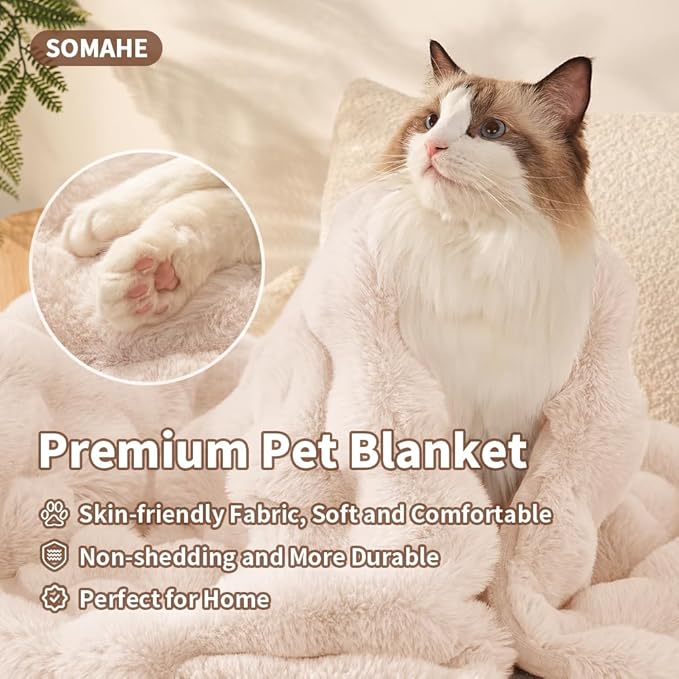 Cat Blanket for Indoor Cats Ultra Soft Plush Faux Fur Kitten Blankets Machine Washable Reversible Pet Throw Protector for Couch Furniture 21"X 18" Milk White