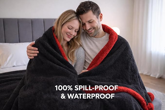 Bedding Aid Waterproof King Size Blanket - Sherpa Fleece Reversible Throw, Soft Warm Leak-Proof Bed & Couch Protector for Kids, Pets & Everyday Spills (Velvet Red/Obsidian Black, King 90x108)