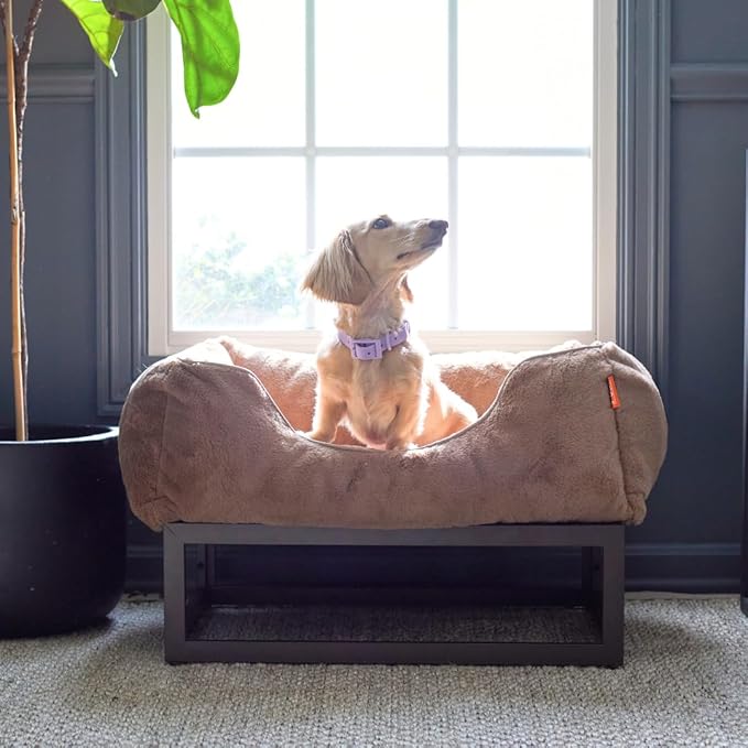 FUZI Elevated Dog Bed Small, Luxury Raised Dog Beds, Removable and Machine Washable Bed Cover, Indoor/Outdoor Orthopedic Pet Bed, Small 25.1x16.75x18 Light Brown & Black Base