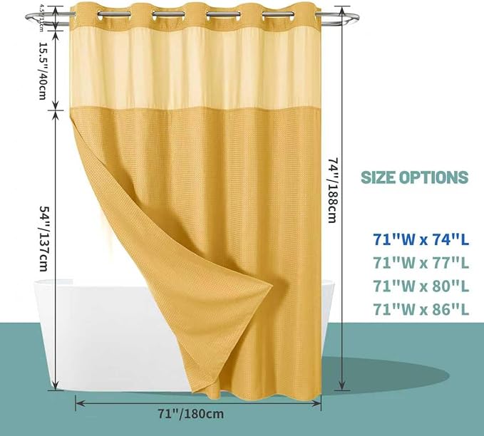 eachope Gold No Hook Waffle Weave Shower Curtain with snap-in Liner Replacement, 230GSM Waterproof Fabric Hotel Shower Curtain Set for Bathroom, Through Mesh Top Window,71Wx74H