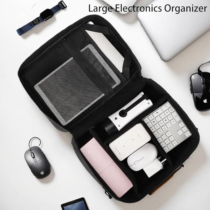 Yzawotk Extra Large Electronics Organizer Travel Case, Cable Organizer Bag with Shoulder Strap, Electronics Accessories Storage Double Layer Bags for Cord, Tablet, Headphone, Charger, Tools, DJ Gifts
