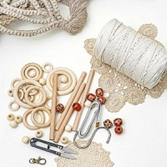 Macrame Kit - 227pc Wall Hanging and Plant Hanger Supplies, 225y Cord 3mm, Beads, Wood Dowels, Rings, E-Book - DIY Craft Starter Set for Adults and Beginners