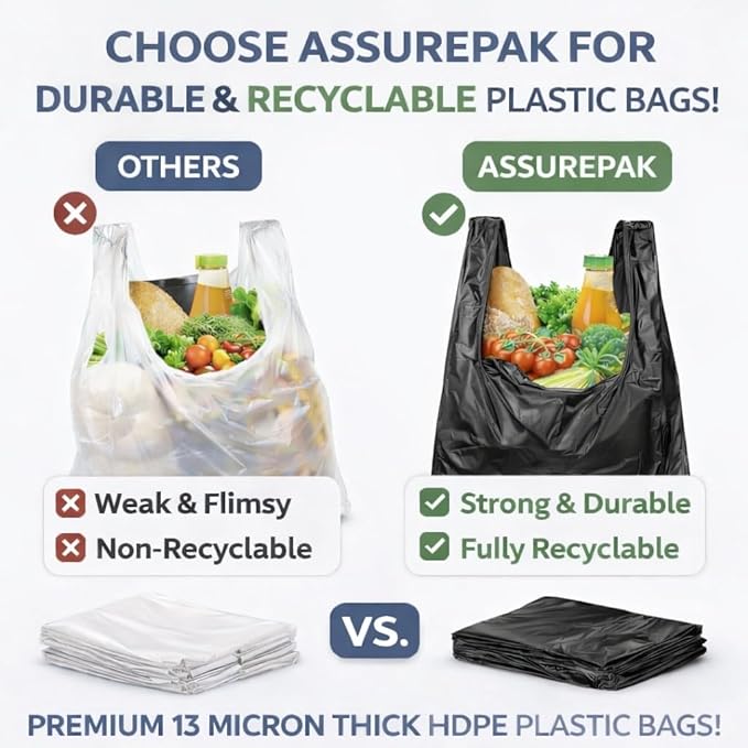 ASSUREPAK Easy Open - 1000 Bags - Black Unprinted HDPE T-Shirt Bags - 1/6 BBL 11.5"X6"X21" - 13 microns - Black - LOOP-BLACK-EO
