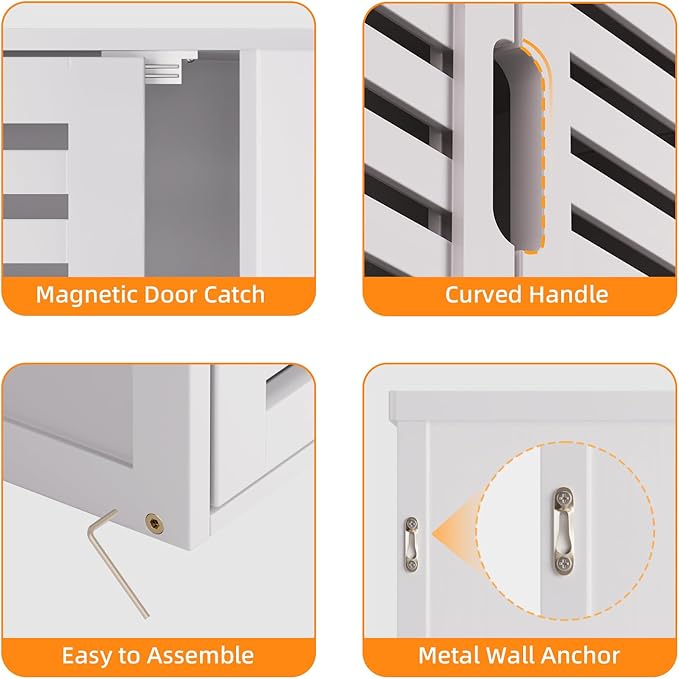 HITNET White Bathroom Cabinet Over Toilet, Bamboo Hanging Medicine Cabinet, Wall-Mounted Storage Organizer, Kitchen Cupboard with Double Doors and Adjustable Shelf