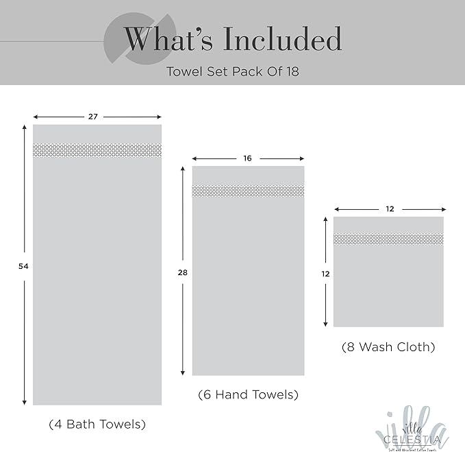 Villa Celestia 100% Cotton Bath Towel Set of 18-4 Bath Towels, 6 Hand Towels, 8 Wash Cloths, Sustainable, Soft, Highly Absorbent, Combed Cotton 18 Piece Set for Hotels, Spa, Bathroom, Dorm, Black