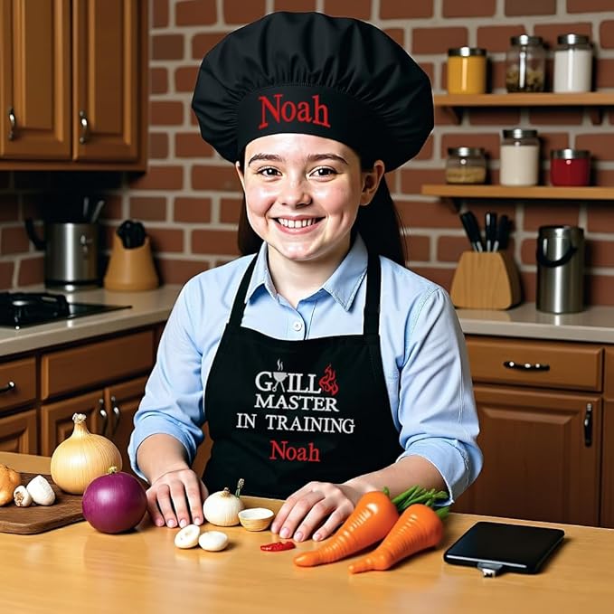 Made in the USA Personalized Embroidered Premium Child Apron and Chef Hat for Kids Girls Boys Fun in the Kitchen Gift (GrillMasterTraining, Regular with hat)