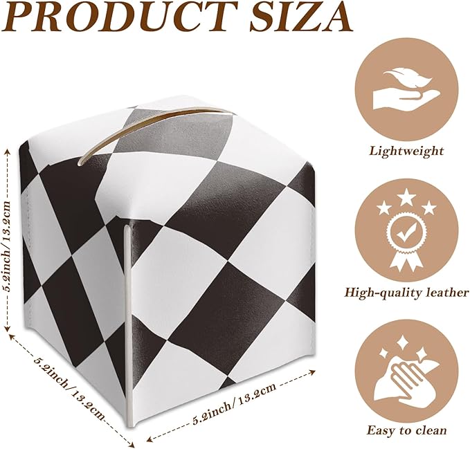 Black and White Checkered Tissue Box Cover Square, Leather Tissue Holder with Bottom Belt, for Nightstands Desks Office Bathroom Car Vanity Home Decor Supplies -005