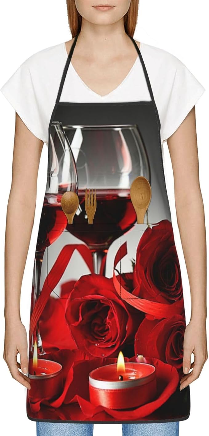 Rose Oven Mitts and Pot Holders with Apron Set of 5 Silicone Red Rose Wine Glass and Candle Kitchen Mitts and Non-Slip Potholders Apron Set Heat Resistant Oven Gloves Hot Pads for Cooking