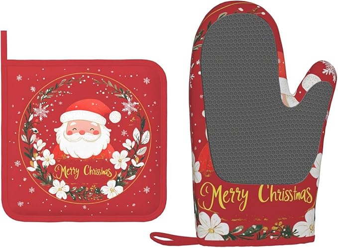 Oven Mitts and Potholders Christmas Snowman Silicone Glove Heat Resistant, Snow Birds Kitchen Gloves for Cooking, 2-Piece Set