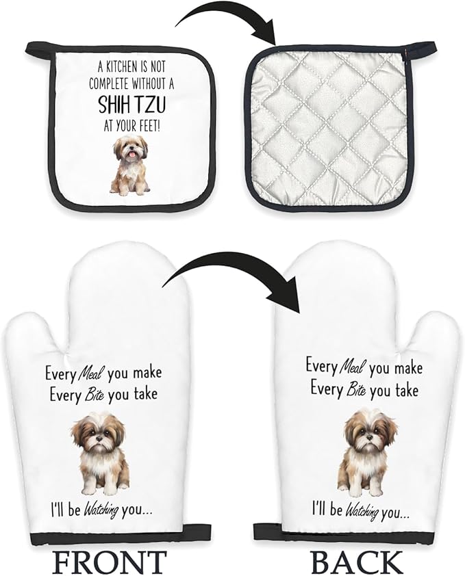 Shih Tzu Gifts Dog Oven Mitts and Pot Holders Sets, Shih Tzu Gifts for Women, Dog Kitchen Accessories Sets, Complete Without a Shih Tzu Dog Heat Resistant Oven Glove Potholders for Kitchen