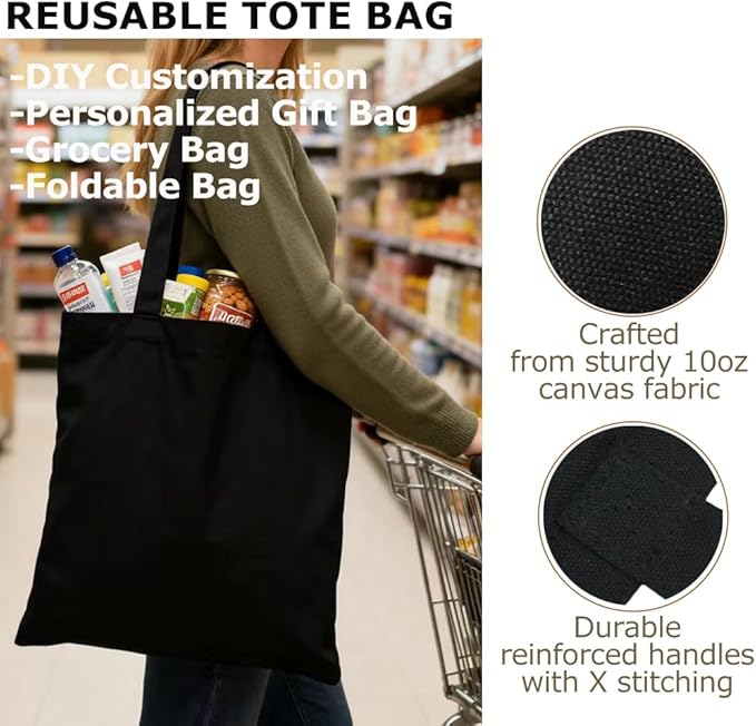 BUOGIO 12 Pack Black 10oz Plain Canvas Tote Bags Bulk Blank Reusable Shopping Bag 14" x 15.5" for Custom Printing, Promotional, Gifts