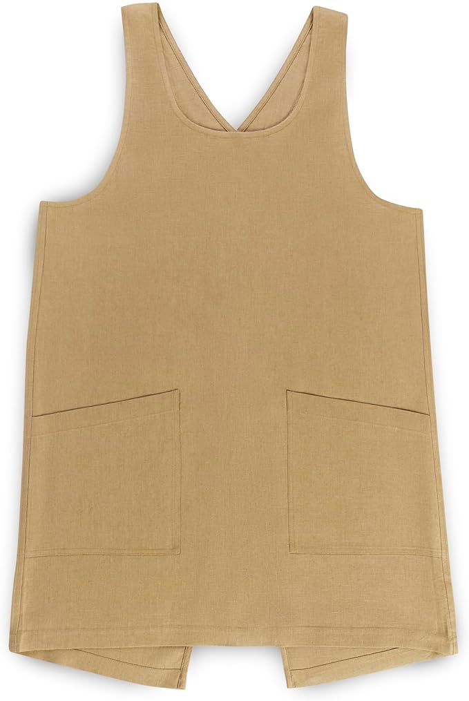 Solino Home Cross Back Linen Apron with Pockets for Gardening, Kitchen - Kelp Pinafore Smock Apron 100% Pure Linen for Men & Women - Handcrafted from European Flax