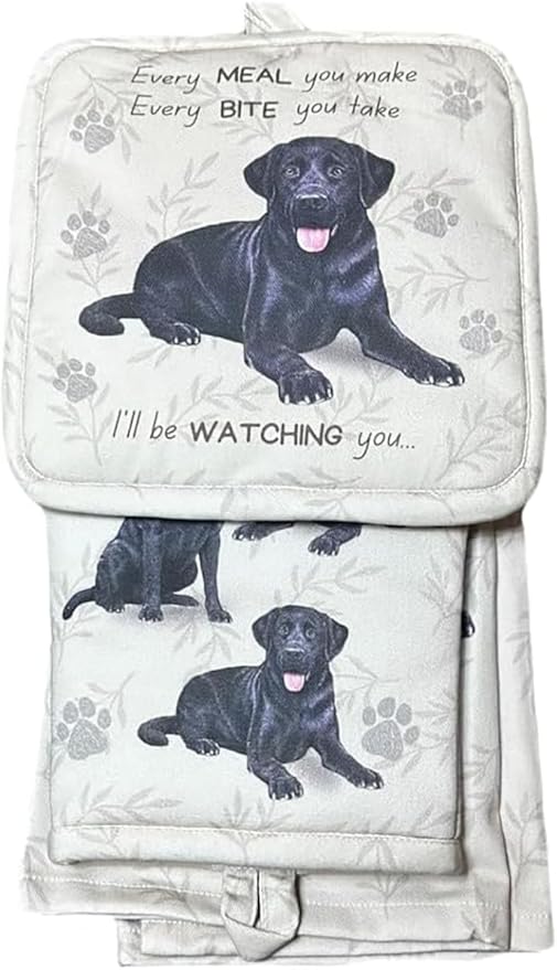 Black Labrador 3-Piece Kitchen Set - Oven Mitt, Pot Holder & Kitchen Towel Set, Heat Resistant up to 420 F, Soft Quilted Cotton for Cooking, Baking, BBQ, Pet Lover Gifts (Labrador Black)