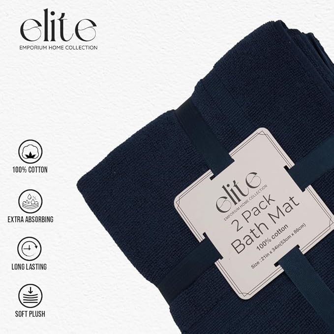 ELITE Emporium Home Collection 2-Piece Cotton Bathroom Mat Set, 21" x 34" - 100% Cotton, Absorbent, Quick-Dry, Bath Towel Mats for Floor, Navy Blue [Not a Bathroom Rug]
