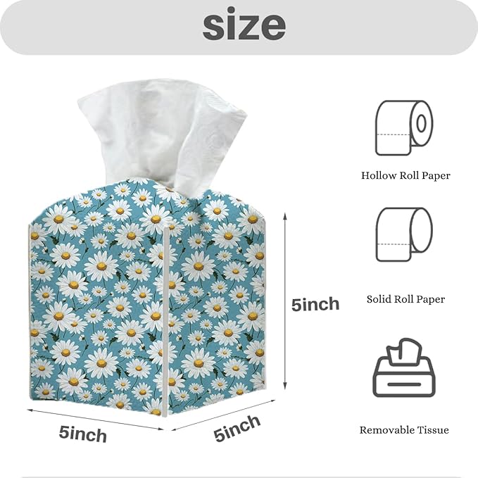 Tissue Box Cover, Tissue Box Holder, Square with Belt Bottom, PU Leather Decorative Organizer for Desk, Tabletop, Countertop Bathroom, Toilet Car, Bedside, Dresser Kitchen, Aesthetic Blue Flower Decor