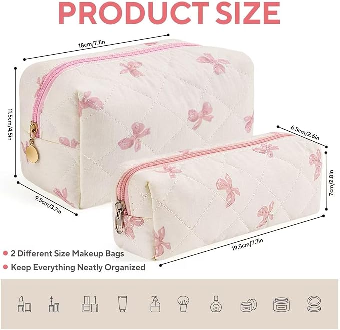 MZLUWM 2 Pcs Makeup Bag Travel Cosmetic Bag，Cute Floral Quilted Makeup Bag Set for Women Girls，Cotton Travel Toiletry Zipper Make Up Pouch (Pink Bow)