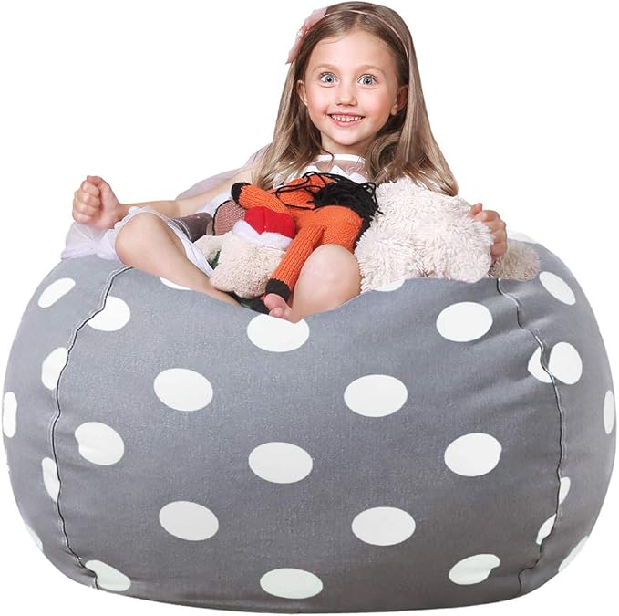 WEKAPO Stuffed Animal Storage Bean Bag Chair Cover for Kids | Stuffable Zipper Beanbag for Organizing Children Plush Toys Large Premium Cotton Canvas (Gray Dot, X-Large)