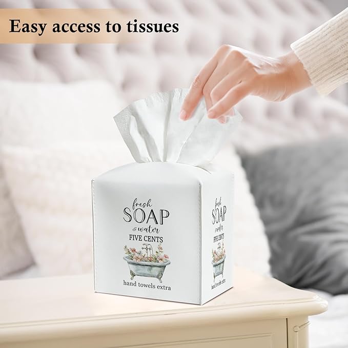 Flower Tissue Box Covers Square - Fresh Soap and Water, Leather Tissue Box Holders Decorative for Home Bathroom Restroom Shelf, Square Facial Paper Organizer Home Decor -027