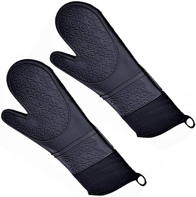 YUANQIAN 2 Pack Long Silicone Oven Mitts,Heat Resistant Oven Gloves with Cotton Lining,for BBQ,Baking,Cooking and Grilling (14.2 Inch)