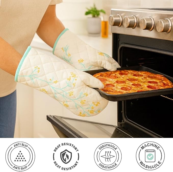 Oven Mitts (Set of 2) | Heat Resistant Oven Gloves Kitchen,Safe for Baking, BBQ, Grilling | Cooking Gloves | Soft & Durable | Machine Washable (Rama Green Print)