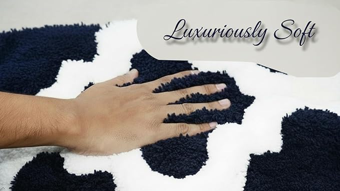 C23 Luxury Trellis Bath Rug Set of 2 (Navy Blue & White) 20"x32" & 16"x24" | 2200 GSM Ultra-Thick High-Density Plush | Decorative Non-Slip Bathroom Mats | Hotel Quality, Machine Washable