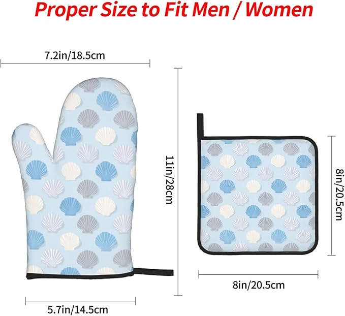 Oven Mitts and Pot Holders Sets of 4 Summer Seashell Blue Pastel Kitchen Potholder Gloves Heat Resistant Non-Slip for Chef Baking Cooking Grilling BBQ Mittens