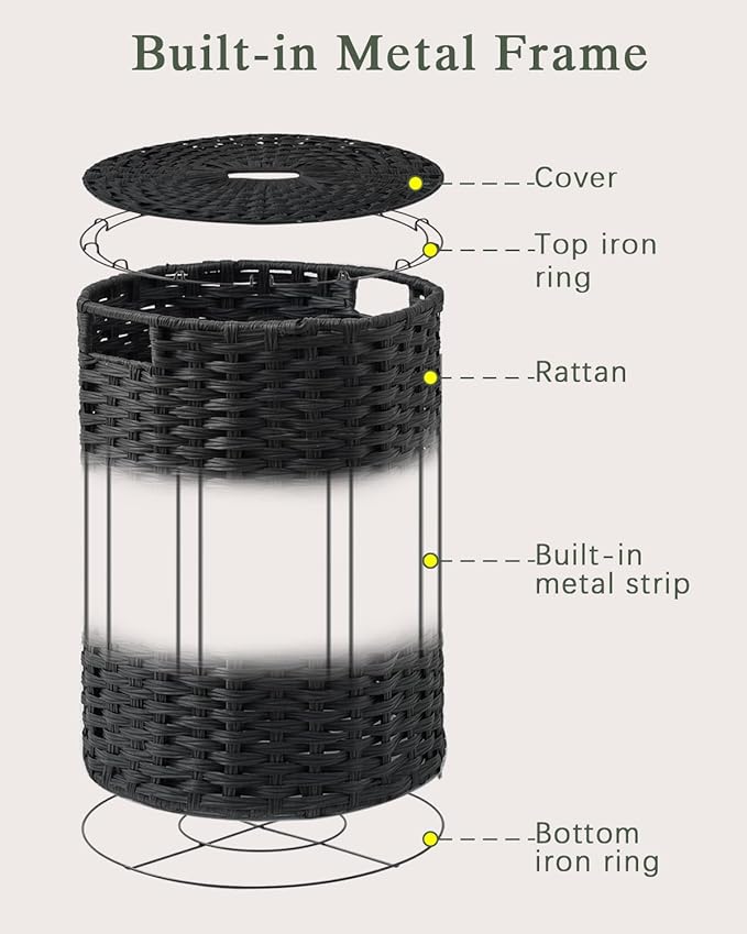 SETVSON Laundry Hamper with Lid Laundry Basket with Lid 19.0 Gal (72 L) Round Wicker Laundry Basket Handwoven Rattan Basket with Lid Removable Bag 2 Mesh Bags Handles for Living Room Bathroom Black