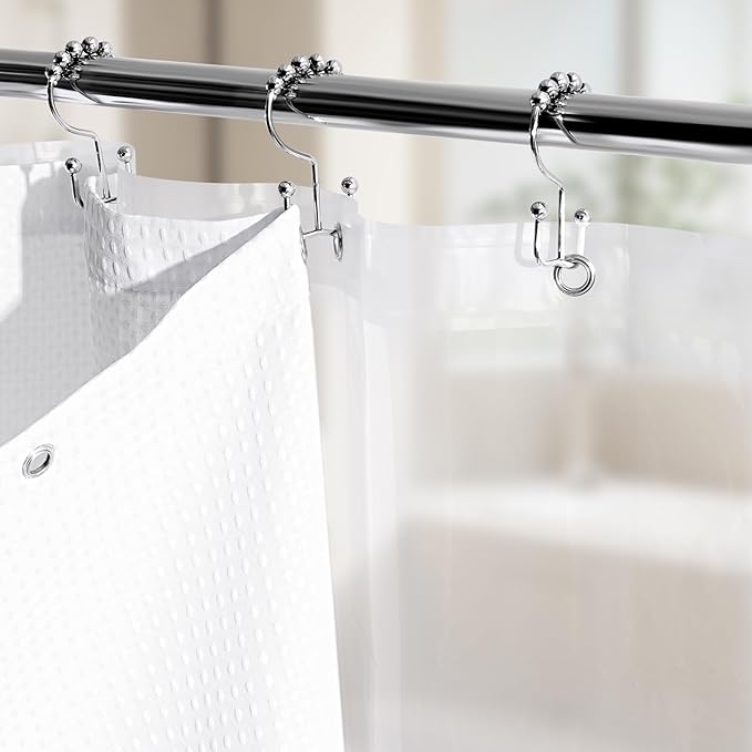 Vipfree 3 in 1 Shower Curtain Set, Waffle Shower Curtain and Liner Set with 12 Double Sided Shower Curtain Hooks, 258GSM Luxury Weighted Cloth Shower Curtains for Bathroom, 72 W x 84 H, White