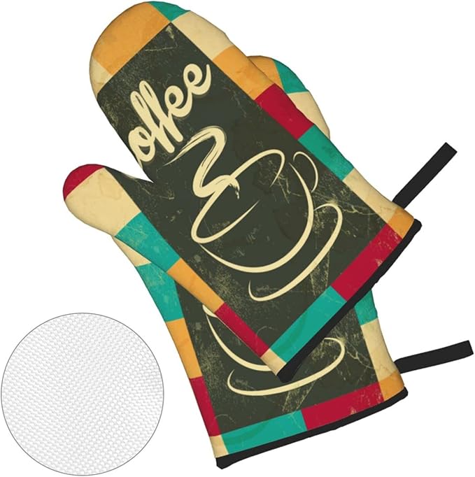 Vintage Coffee Oven Mitts and Pot Holders Set of 4, Oven Mittens and Potholders Heat Resistant Gloves for Kitchen Cooking Baking Grilling BBQ