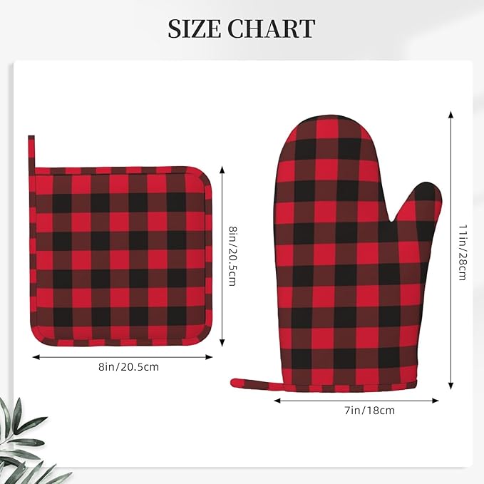 Red and Black Plaid Buffalo Oven Mitts and Pot Holders Set of 4 Silicone Check Gingham Kitchen Mitten Gloves and Non-Slip Potholders Set Heat Resistant Oven Gloves Hot Holders for Kitchen
