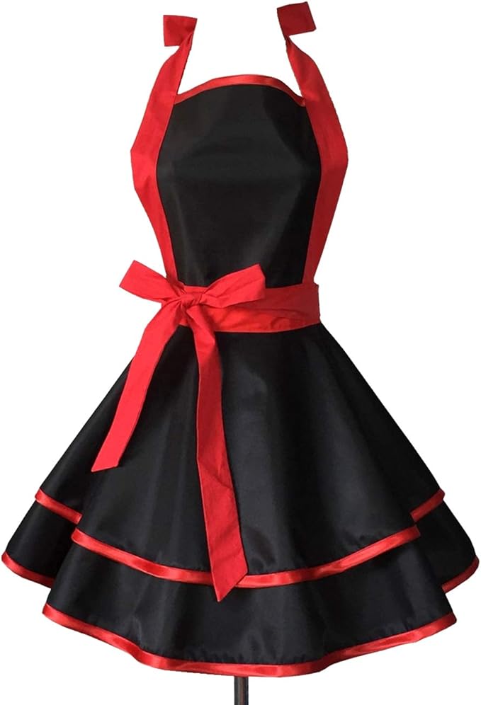Hyzrz Lovely Handmade Cotton Retro Black Aprons for Women Girls Cake Kitchen Cook Apron for Mother's Gift (Red)