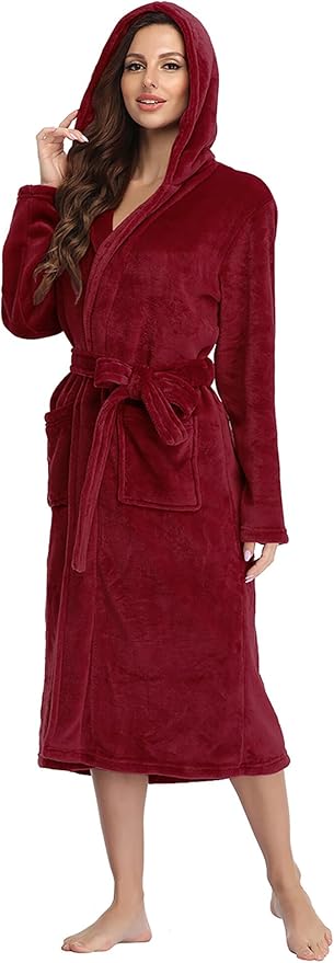RONGTAI Womens Robes Plush Fleece Hooded Bathrobe Thick Nightgown with Pockets Fluffy Sleepwear