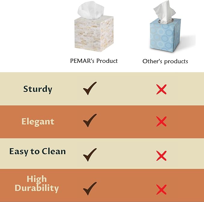 PEMAR 5.9″ Handmade Mother of Pearl Tissue Box Cover – Acacia Wood Cube, 5.35″ Interior Fits 5″ Square Boxes, Sliding Bottom, Lacquer Rustic Farmhouse Decor (Milano)