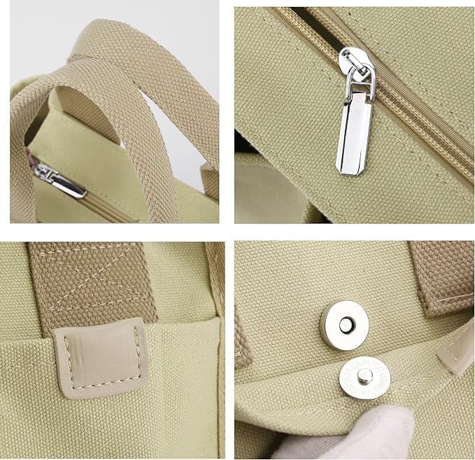 Small Canvas Tote Bag with Zipper, Canvas Multi-Pocket Crossbody Bag Purse Top Handle Satchel Handbags