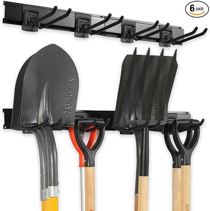 Aking Ace Garage Organization Wall Mount, 32inch Garden Tool Organizer With 6 Clamping Hooks, Heavy Duty, Garage Hanging Storage Rack For Yard Tools, Shovel, Shed, Hold Up to 300lbs (32Inch Black)