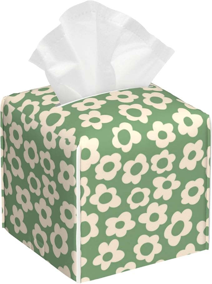 POIUBLE Tissue Box Holder Green Groovy Flower Tissue Box Cover Square Leather Tissue Holder Organizer Portable Decorative Facial Paper Case for Home Office Bathroom Vanity Countertop