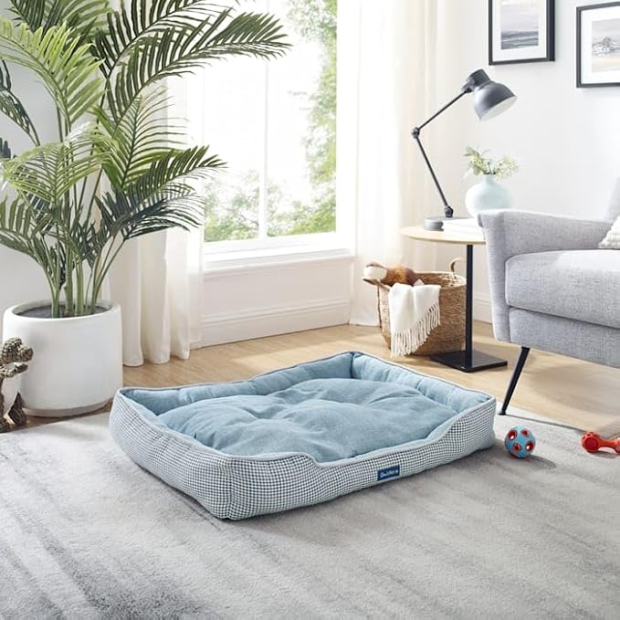 Sam's Pets Arlo Orthopedic Blue Plaid Dog Bed with Soft Fabric, Easy Cleaning, Non-Slip Grip, Modern Design, Large
