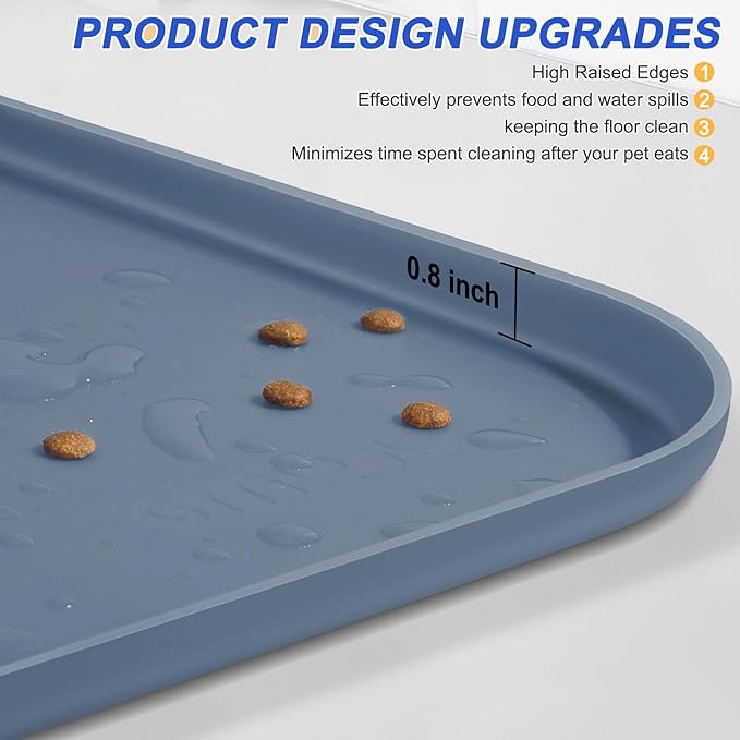 SMILOOL Silicone Pet Feeding Mat with Raised Edge for Food and Water, Dog Bowl Mats, Cat Bowls Placemat with High Lip for Floor Waterproof, Rubber Tray for Cats and Dogs 24 x 16 x0.8 Slate Blue