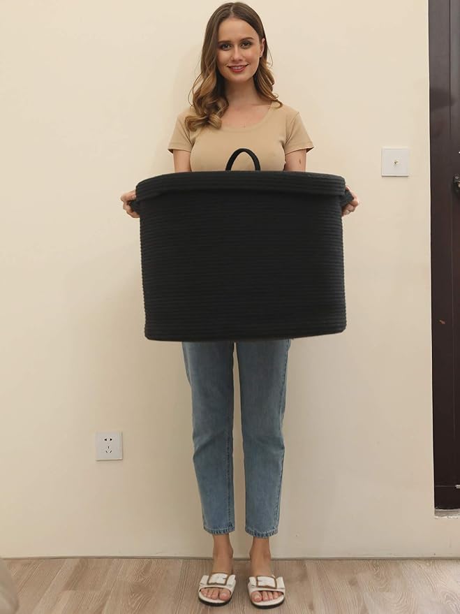 Cottonphant 20" x 20" x 15" Extra Large Storage Basket with Lid, Cotton Rope Storage Baskets, Laundry Hamper, Cloth Bin, for Clothes Towels Blankets Pillows Storage in Living Room, All Black