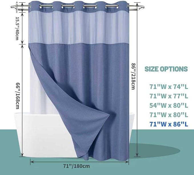 eachope MoonLightBlue Extra Long No Hook Waffle Weave Shower Curtain with snap-in Liner Replacement, 230GSM Waterproof Fabric Hotel Shower Curtain Set for Bathroom, Through Mesh Top Window,71Wx86H
