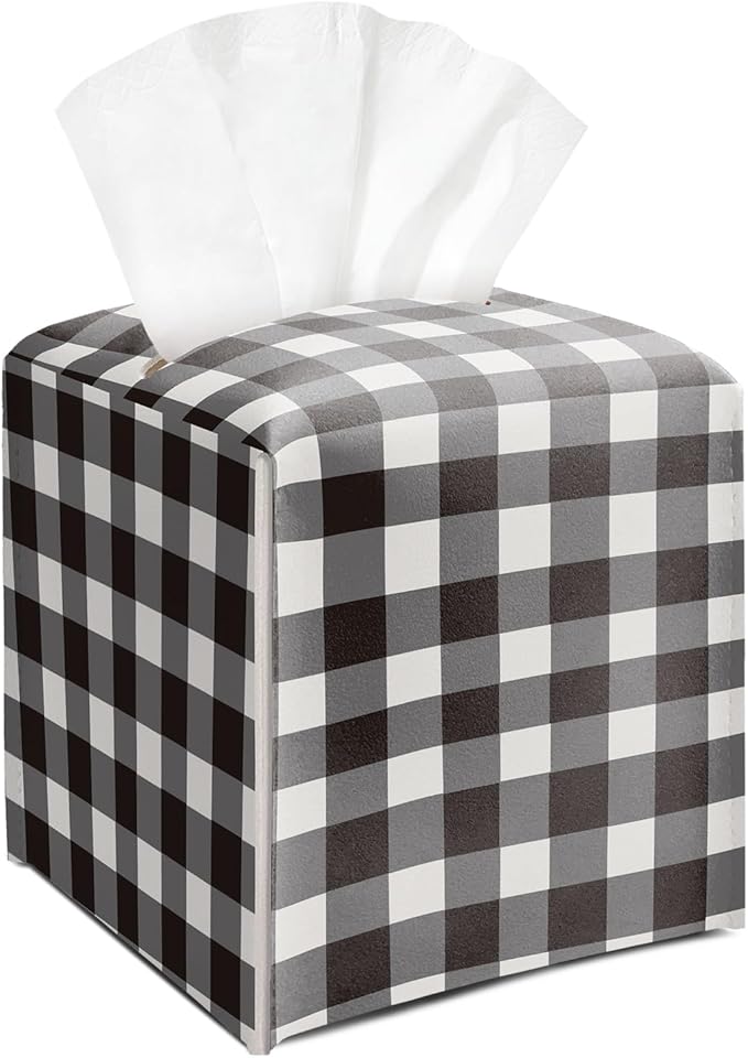 Black and White Buffalo Plaid Tissue Box Cover Square, Leather Tissue Holder with Bottom Belt, for Nightstands Desks Office Bathroom Car Vanity Home Decor Supplies -009