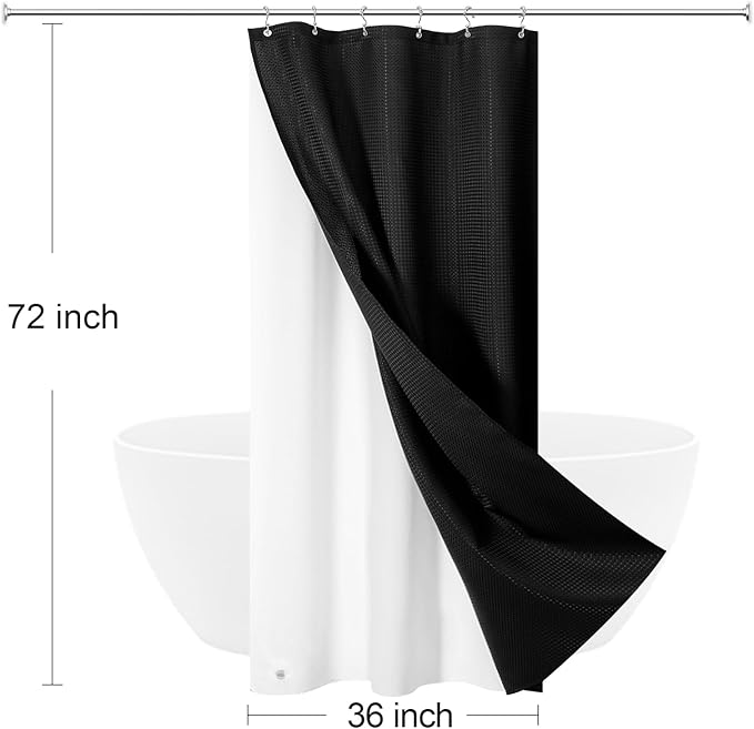 Craidlela 3 in 1 Stall Half Size Shower Curtain Set-36 W x 72 H, Black Waffle Waterproof Fabric and PEVA Liner Set with Stainless Steel Hooks