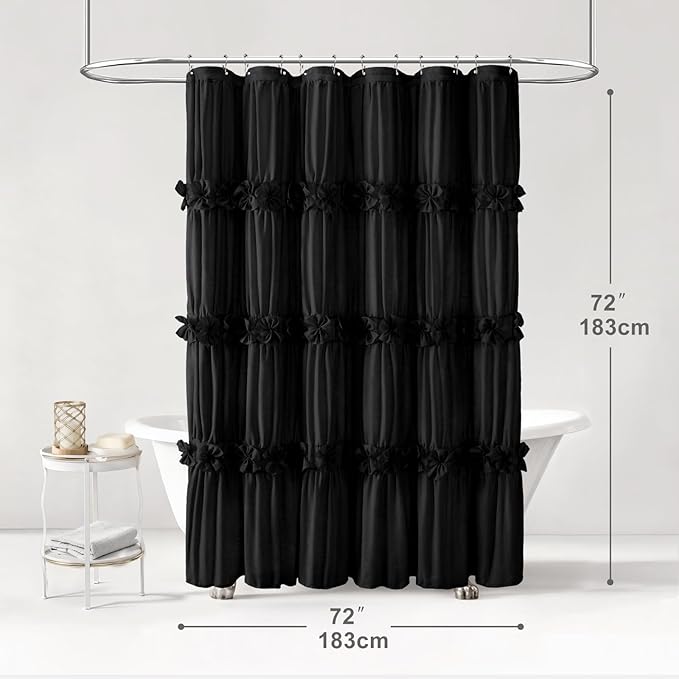XOGUIBO Ruffle Shower Curtain with Handmade Bow Tie, Vintage Farmhouse Shower Curtain for Bathroom, 72" W x 72" H,Black